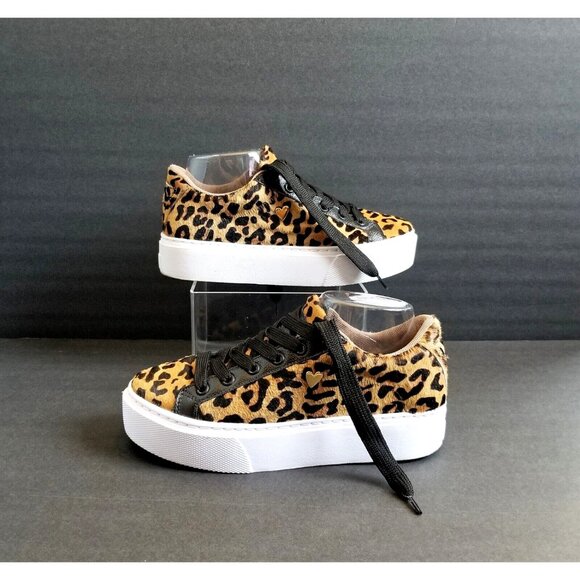 NATALY MENDEZ Brown Leopard Sneakers Sz 37 7 Lace Up Leather Calf Hair - Picture 5 of 15